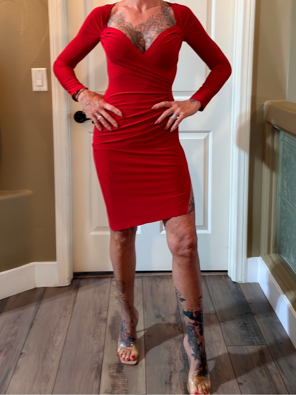Norma Kamali Red Long-Sleeve Sweetheart Bodycon Dress EUC worn once.
